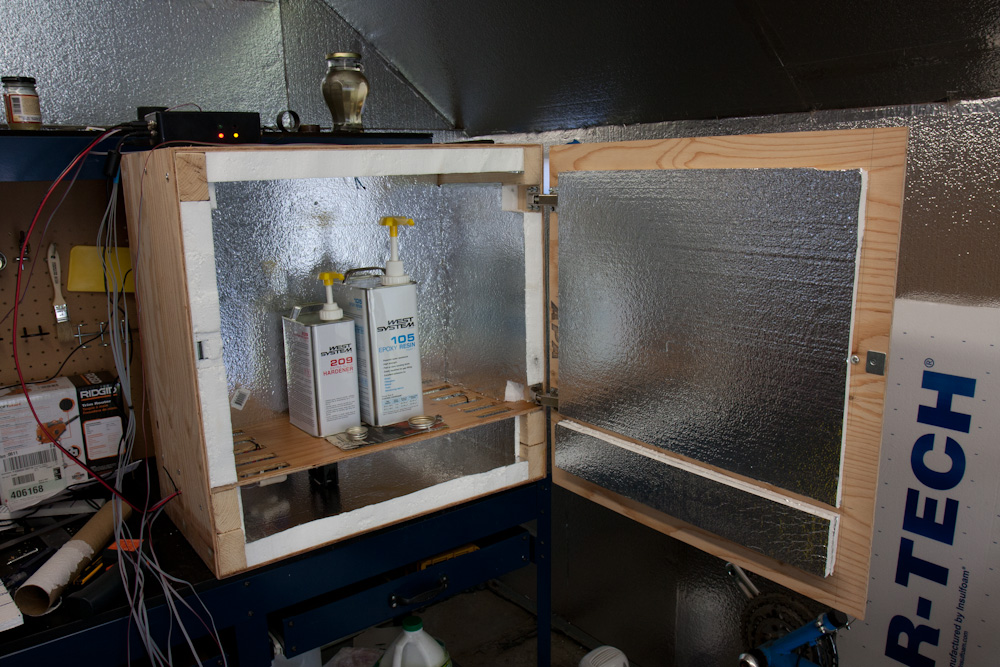The inside of the hotbox. The walls are insulated with styrofoam insulation, the epoxy sits on the shelf, and the heating element is on the bottom.