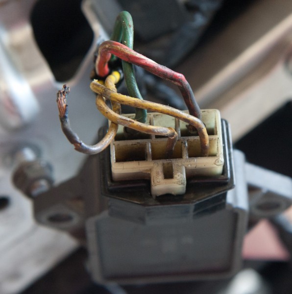 The connector to the regulator/rectifier. This one didn't come off, but the wires did...